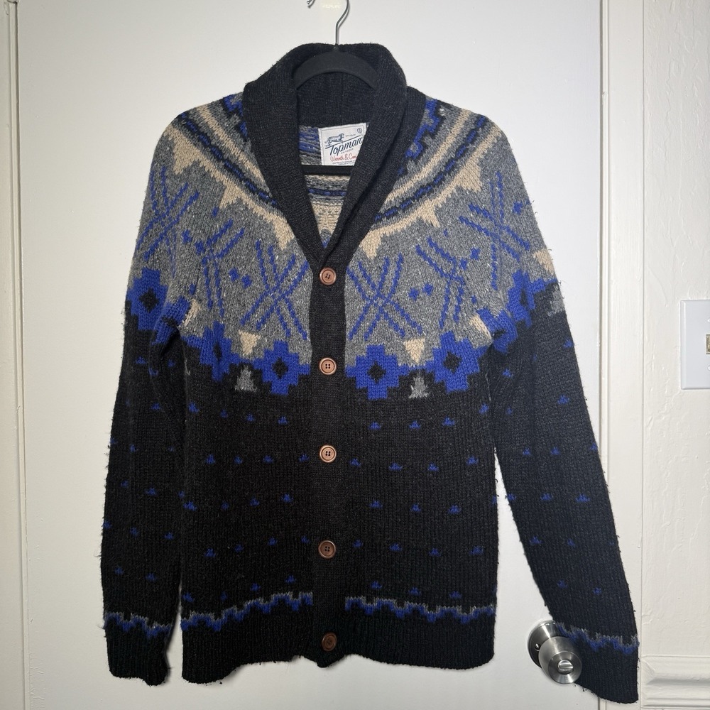 Topman Knitwear Men's V-Neck Button Down Sweater Blue Small VTG Grandpa Core